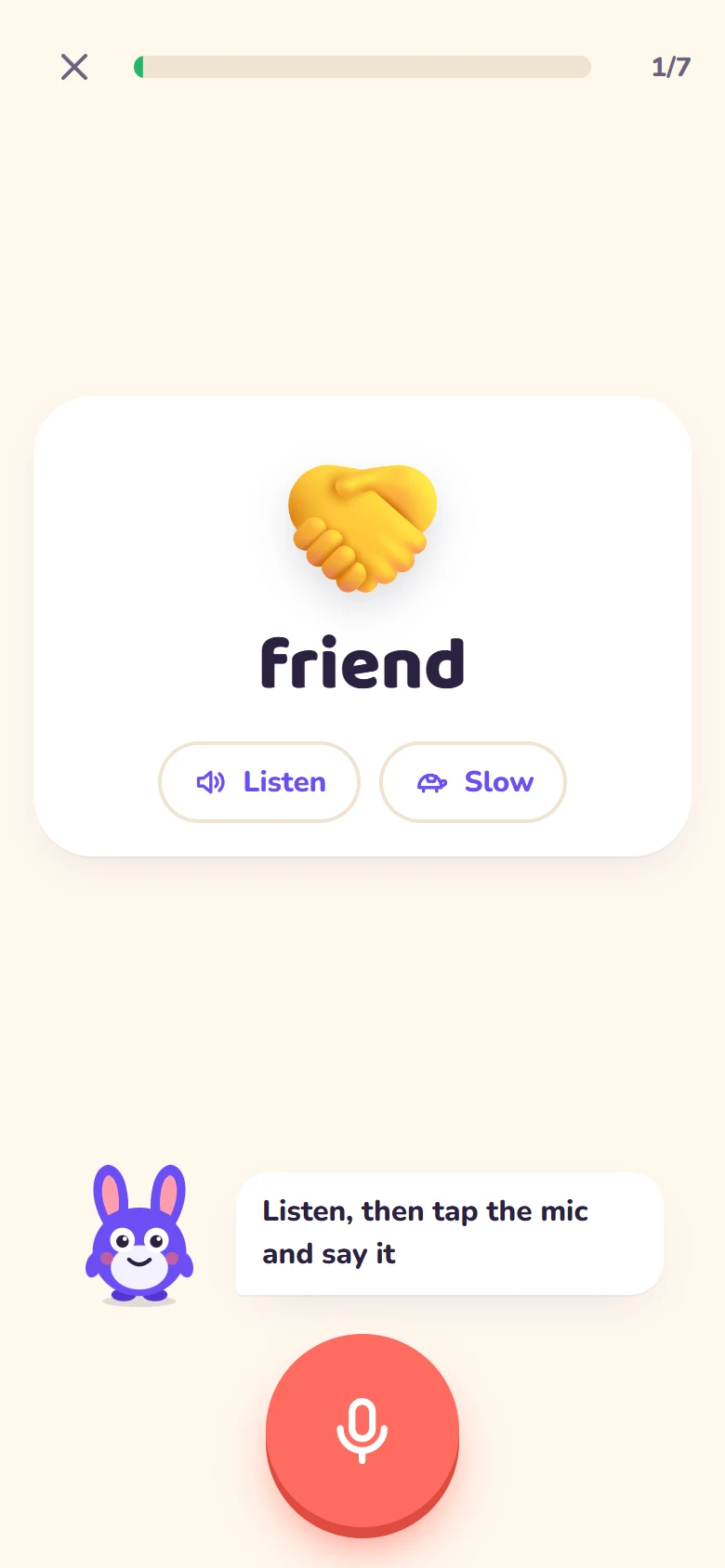 English speaking lesson showing the word friend, Listen and Slow buttons, and a microphone button.