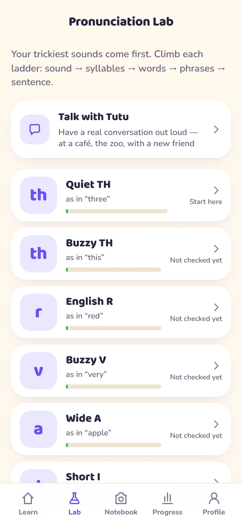 Pronunciation Lab showing conversation practice and a list of English sounds to work on.
