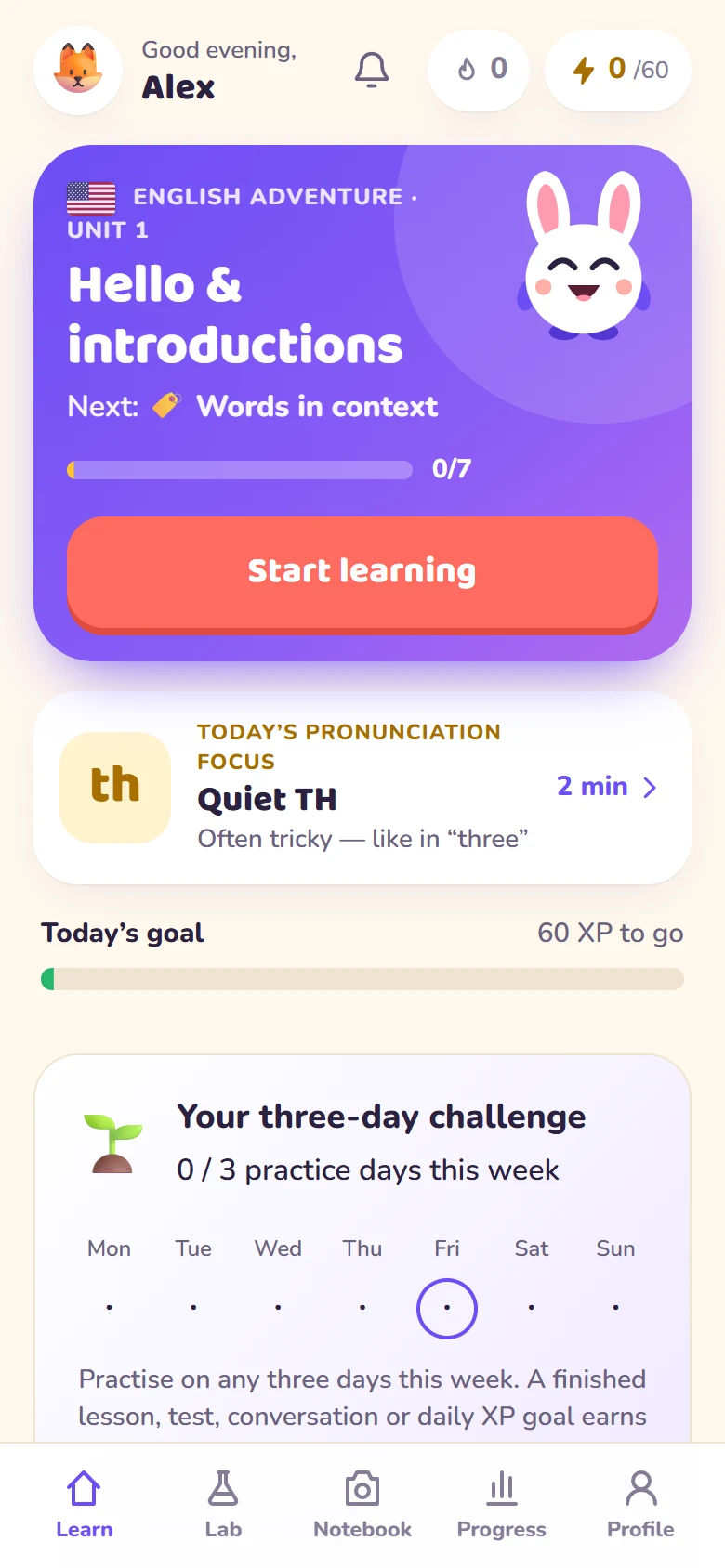 Wunder Tutor Learn screen with Hello and introductions, a daily pronunciation focus and weekly practice challenge.