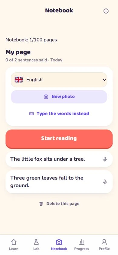 Notebook screen with two original English sample sentences and a Start reading button.