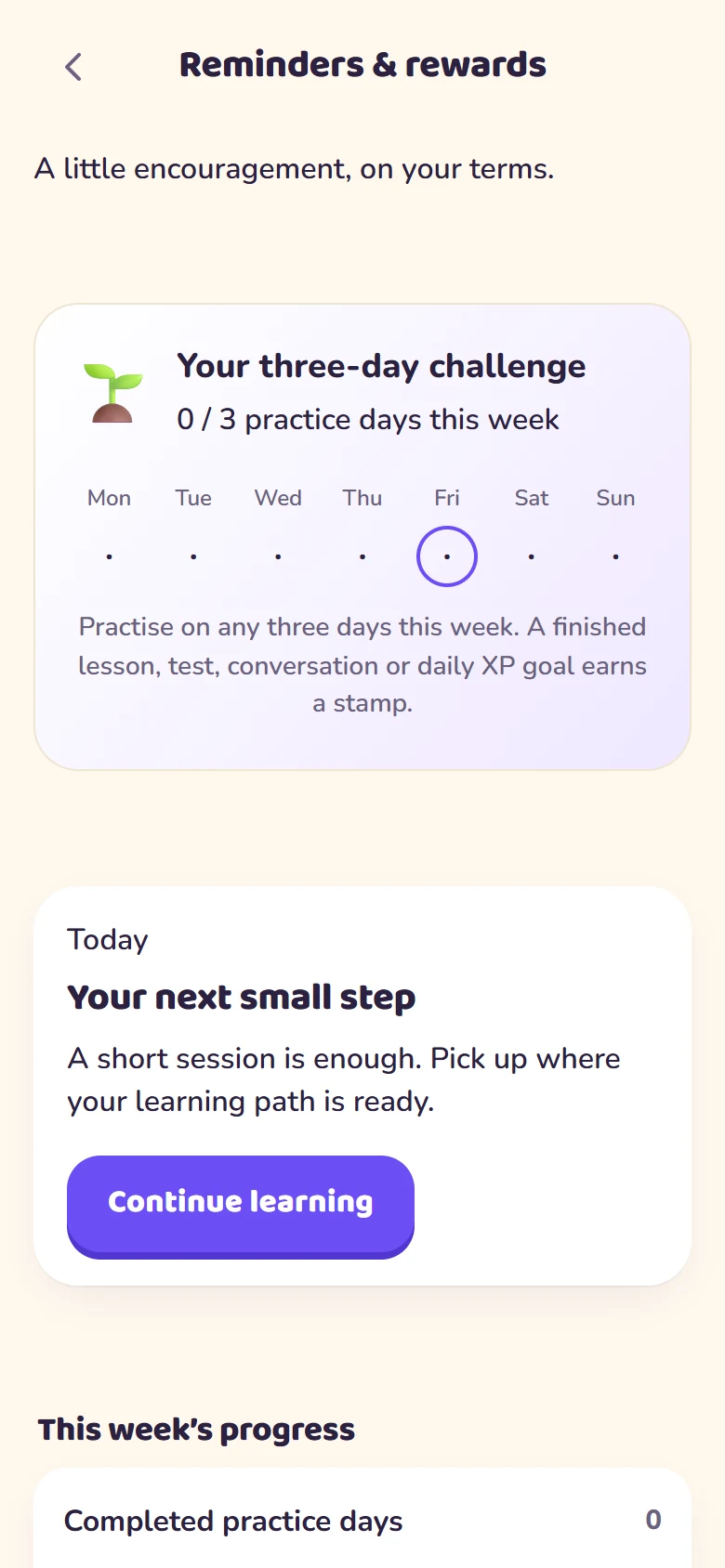 Reminders and rewards screen showing a three-day weekly challenge and a daily practice suggestion.